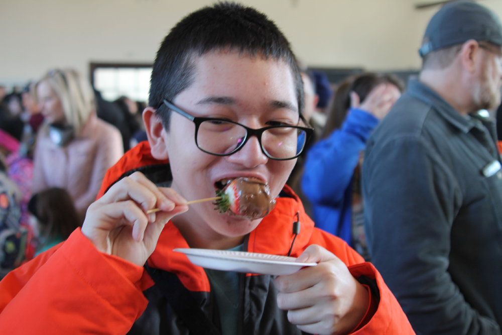 pre-teen child with short hair wearing black frame glasses and an orange and gray jacket eating a chocolate-dipped strawberry at the Chocolate Lovers Festival